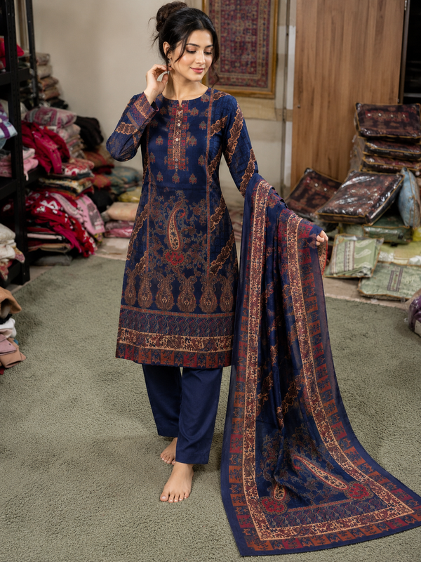 Royal Navy & Rusty Amber Karachi Woolen 3-Piece Suit Set