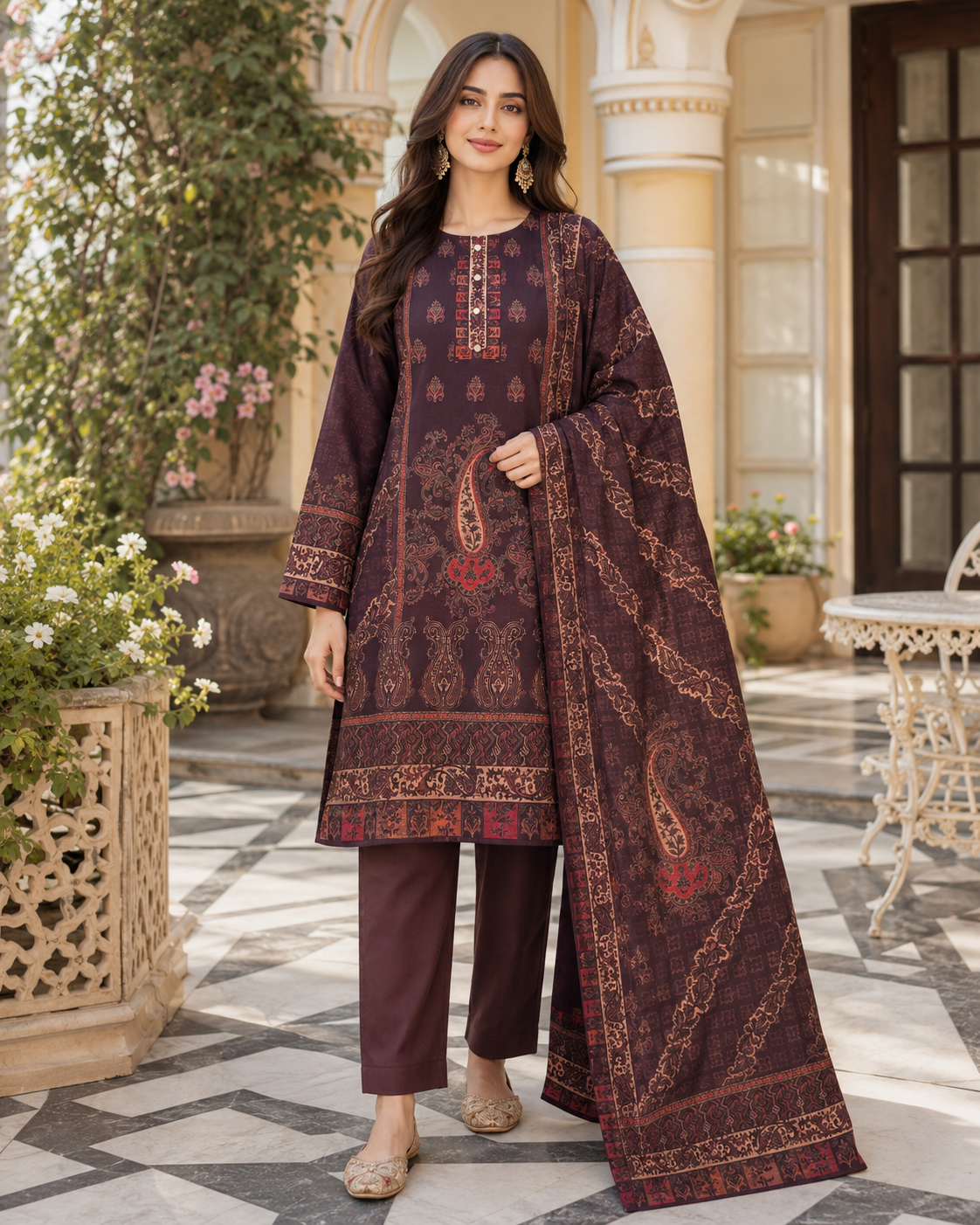 Chocolate Plum & Rust Paisley Karachi Woolen 3-Piece Suit Set