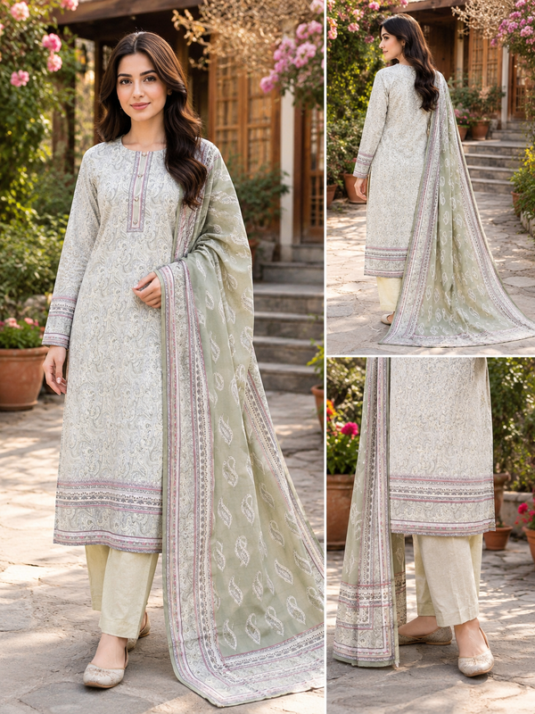 Sage Mint & Cream Paisley Karachi Woolen 3-Piece Suit Set