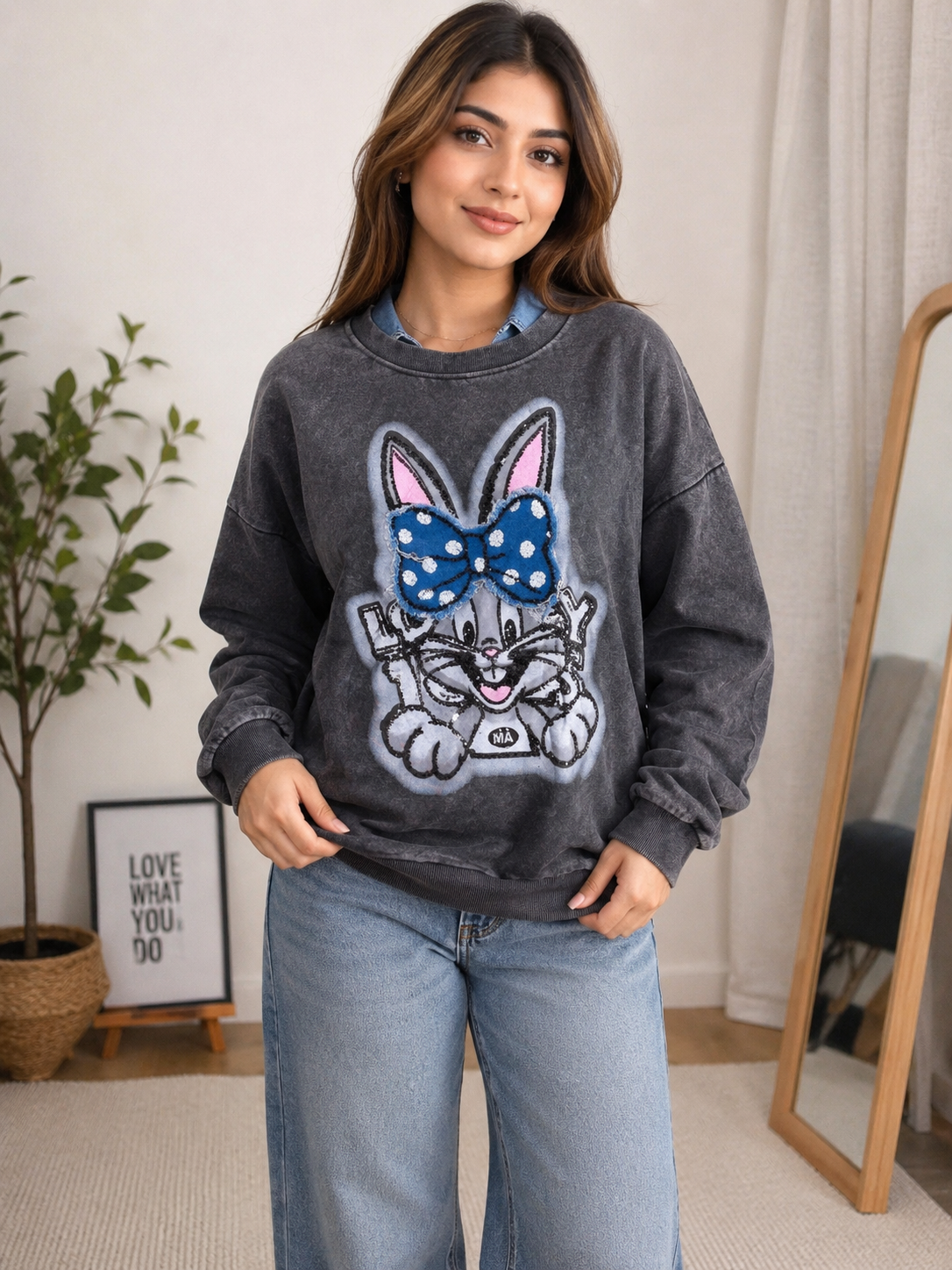 Vintage Wash Oversized Bunny Sequin Graphic Sweatshirt