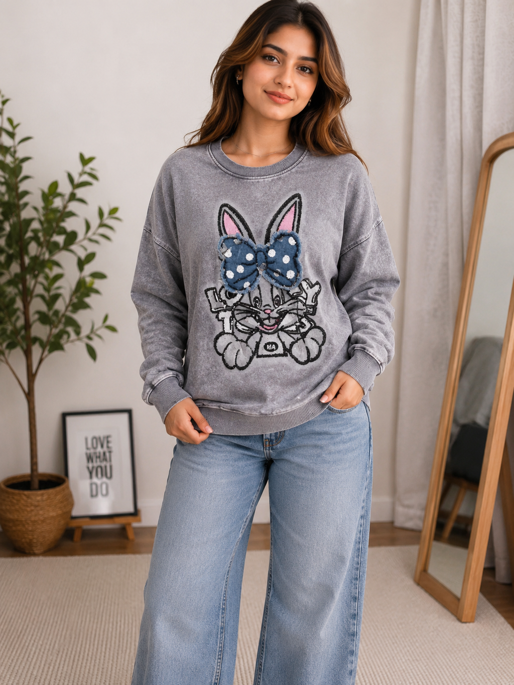 Vintage Wash Oversized Bunny Sequin Graphic Sweatshirt