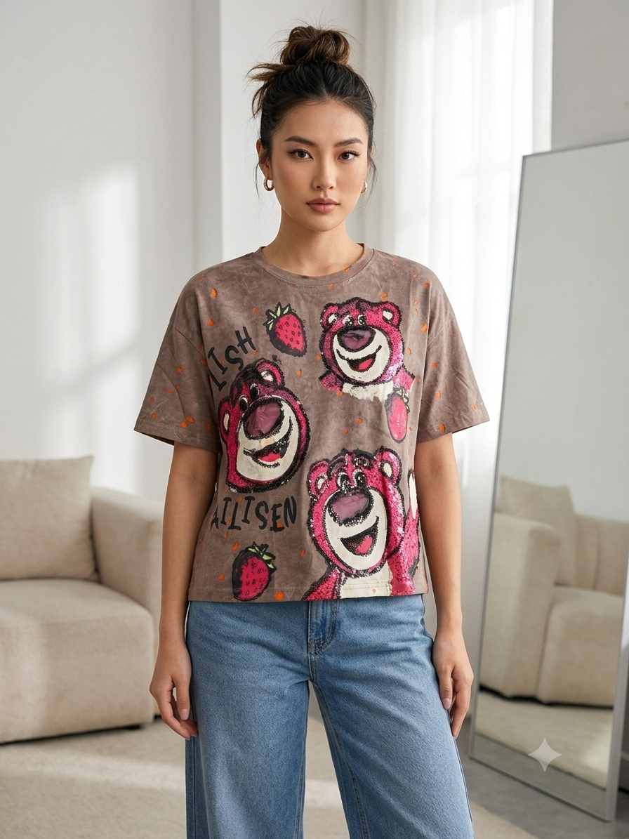 Retro Vintage Wash Lotso Bear Sequin Graphic Tee size 38-40-42