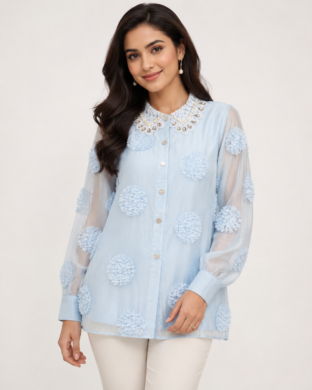 Textured Pom-Pom Organza Blouse with Pearl Pearl Embellished Collar size MEDIUM,Large