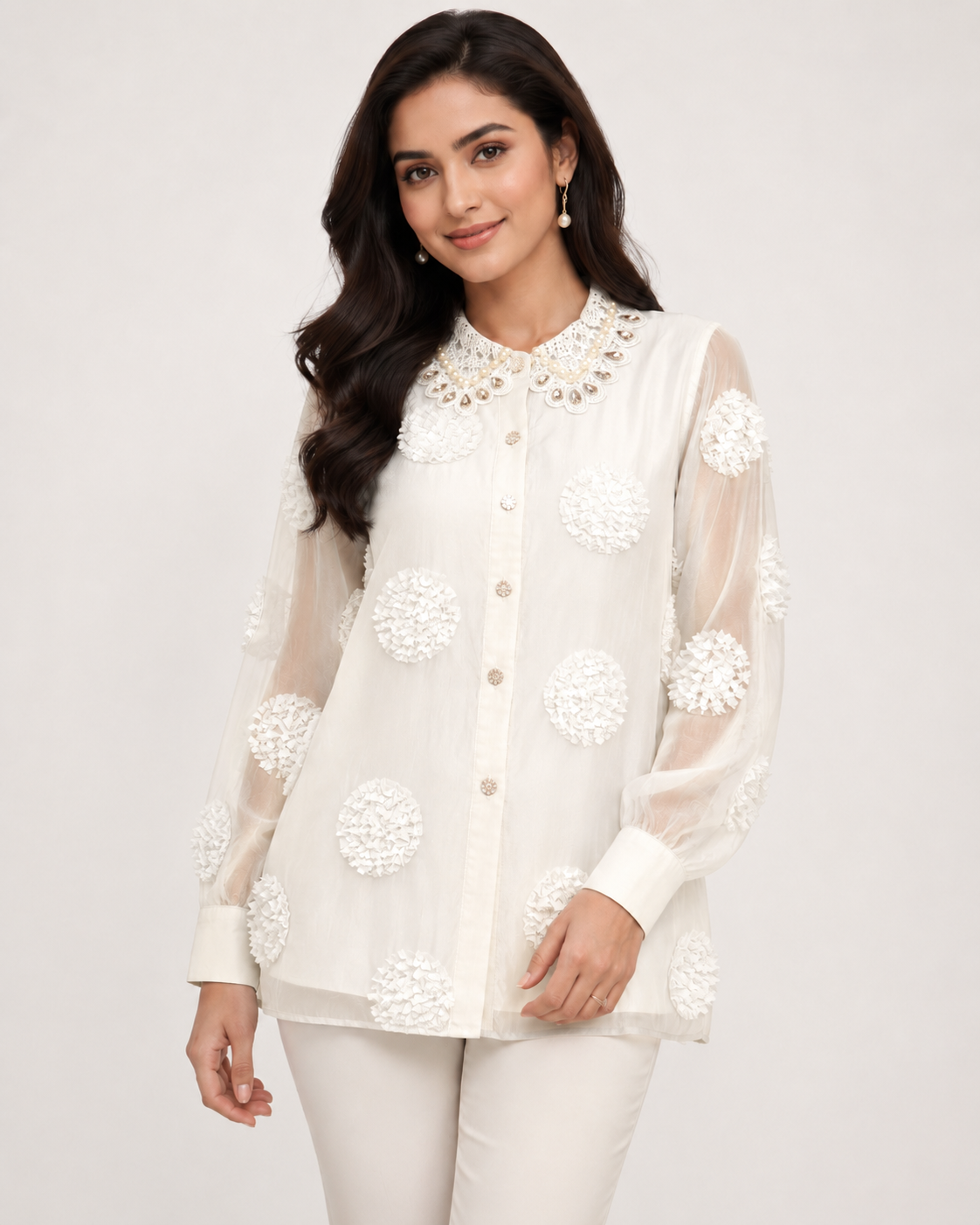 Textured Pom-Pom Organza Blouse with Pearl Pearl Embellished Collar size MEDIUM,Large