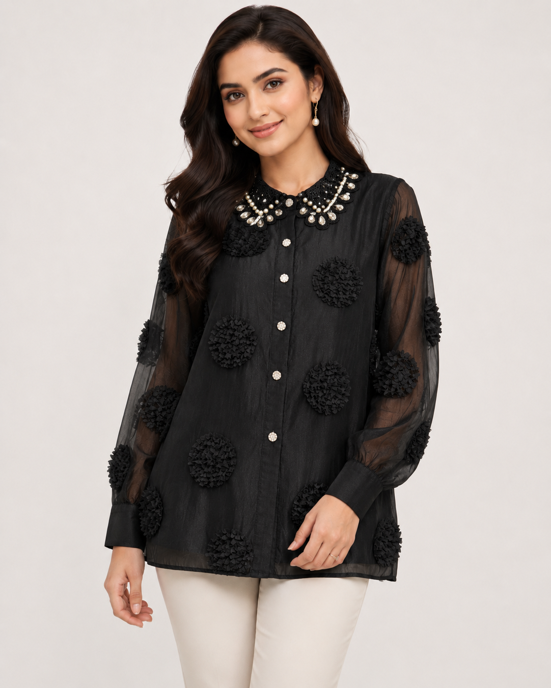 Textured Pom-Pom Organza Blouse with Pearl Pearl Embellished Collar size MEDIUM,Large