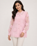 Textured Pom-Pom Organza Blouse with Pearl Pearl Embellished Collar size MEDIUM,Large