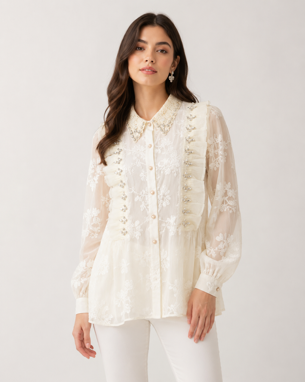 Floral Embroidered Sheer Blouse with Faux Pearl Collar & Ruffle Trim size medium, large