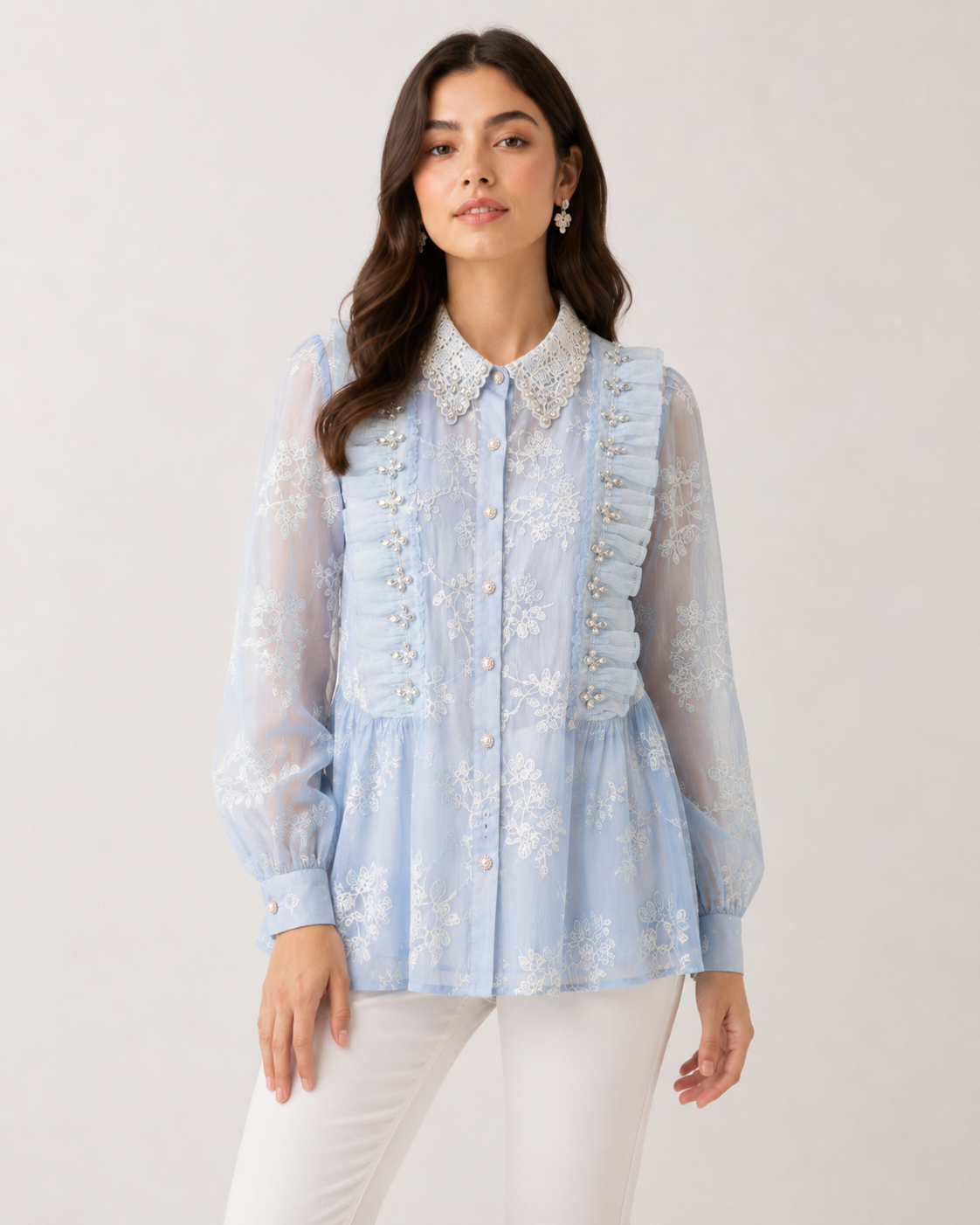Floral Embroidered Sheer Blouse with Faux Pearl Collar & Ruffle Trim size medium, large