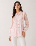 Floral Embroidered Sheer Blouse with Faux Pearl Collar & Ruffle Trim size medium, large